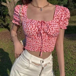 Retro Butterflies Puff Sleeve Crop Top